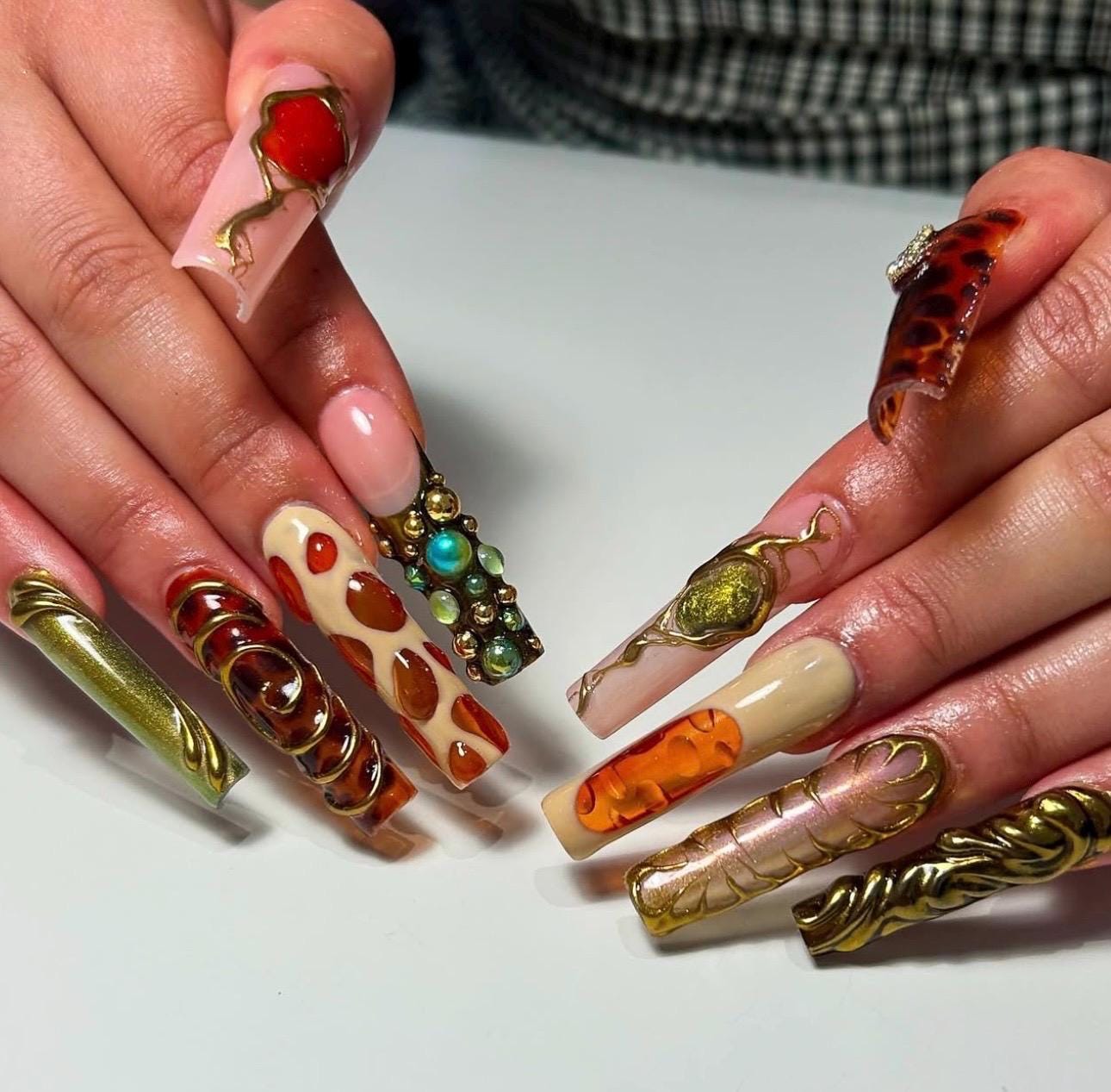 Luxury Baroque Nails | Long Square Press On Nails | Gold 3D Embossed with Amber & Gemstone Details | Elegant Statement False Nails