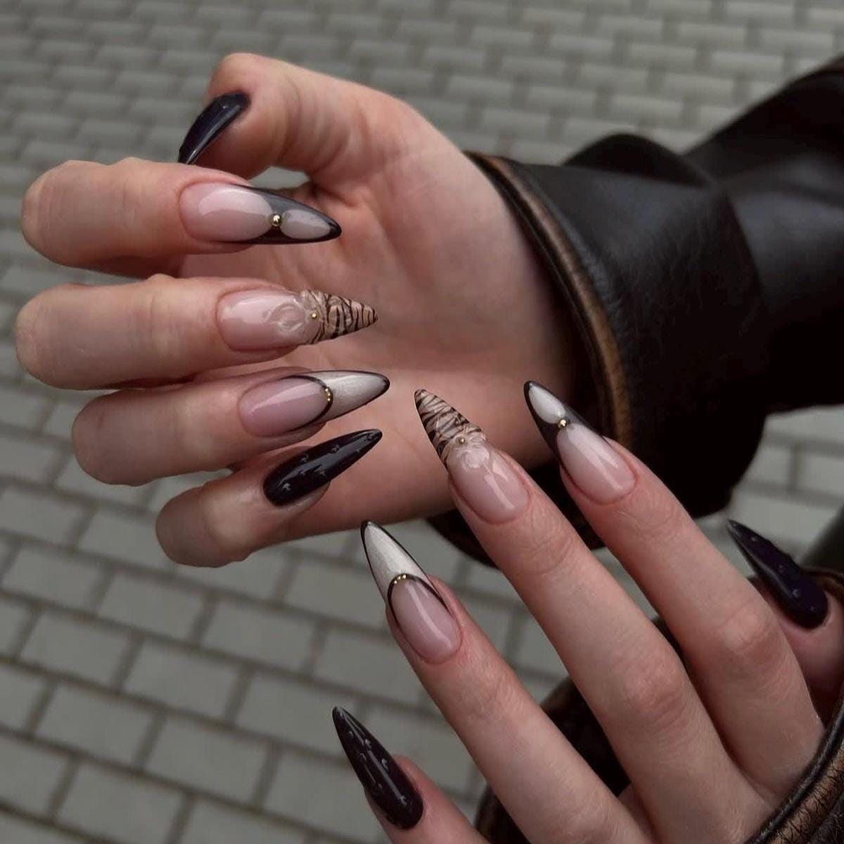 Brown French Nails with Leopard & Cat Eye Design | Long Almond Fall Press On Nails | Luxury Handmade False Nails