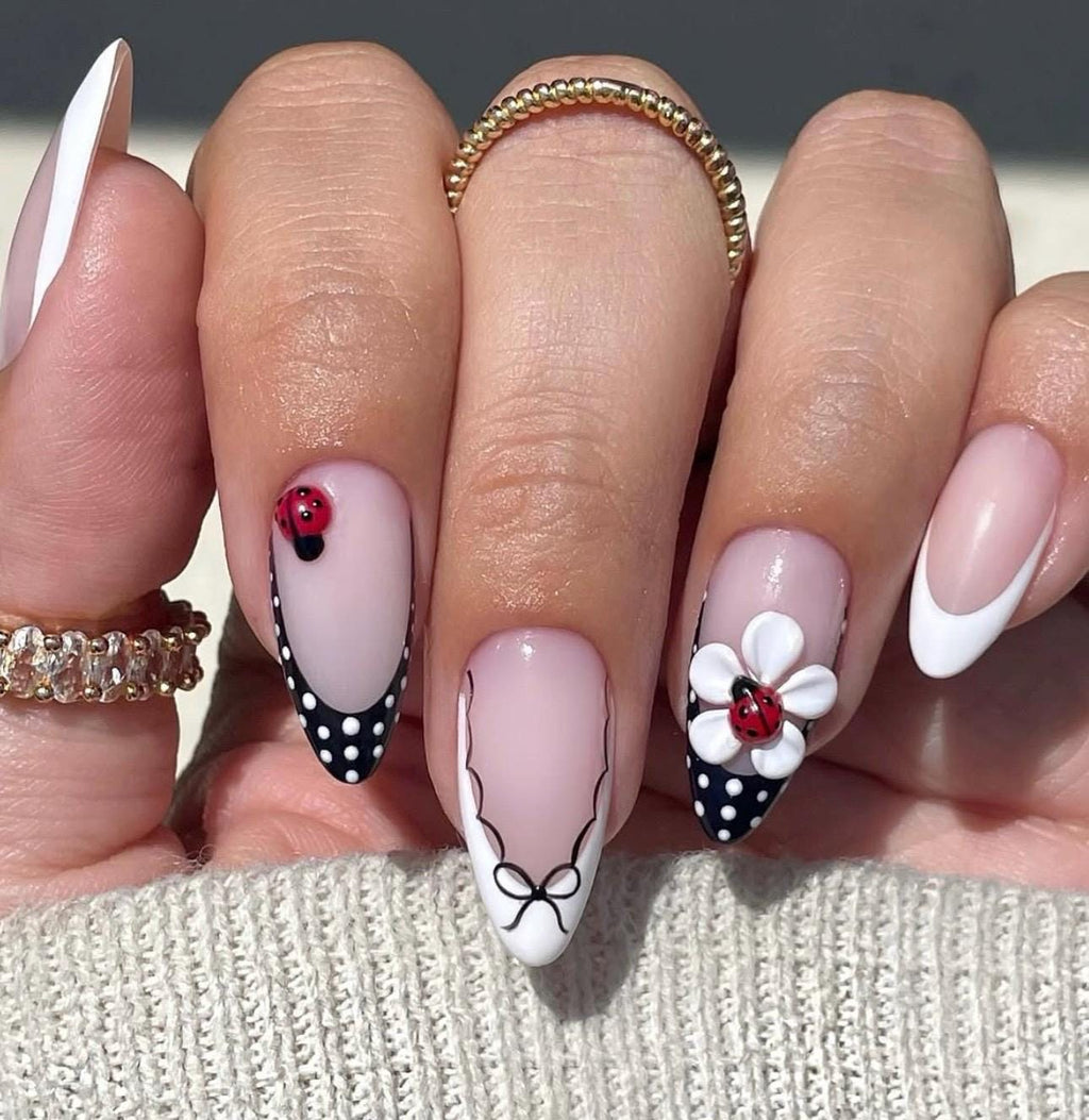 Ladybug Press On Nails: White French Polka Dot 3D Daisy - Handmade Luxury Nail Set