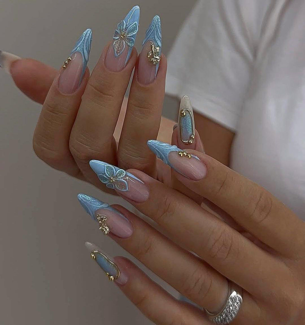 Baby Blue 3D Flower Press On Nails: Gold Chrome Long Almond Handmade Nail Set