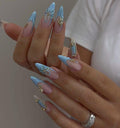 Baby Blue 3D Flower Press On Nails: Gold Chrome Long Almond Handmade Nail Set
