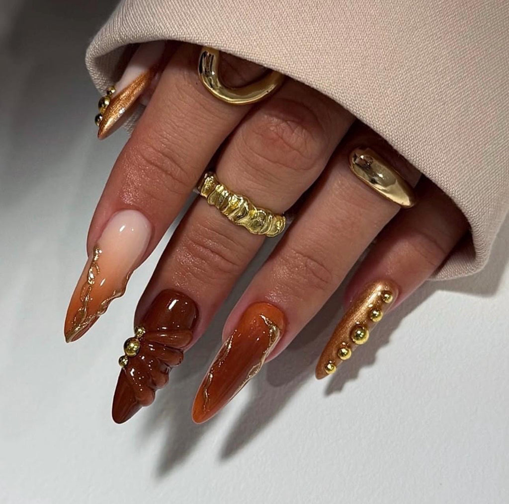 Caramel Brown Press On Nails | Gold Chrome Accent Stiletto Nails | Luxury Autumn Fall Nails | Handmade Statement Set