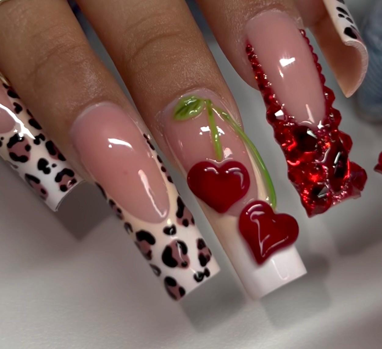 Cherry Heart Nails – 3D Red Heart Press On Nails, Leopard Print Nails, Valentine’s Day Nails, Long Square Nails, Y2K Cute Nails Set