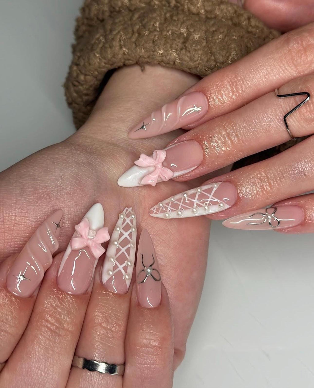 Pink Ribbon Stiletto Press On Nails: Chrome Star Y2K False Nails