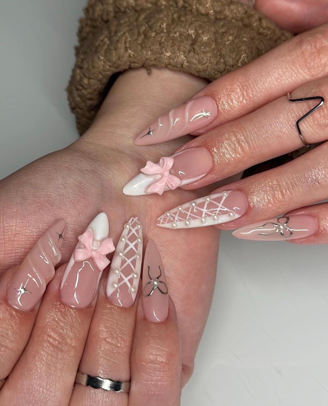Pink Ribbon Stiletto Press On Nails: Chrome Star Y2K False Nails