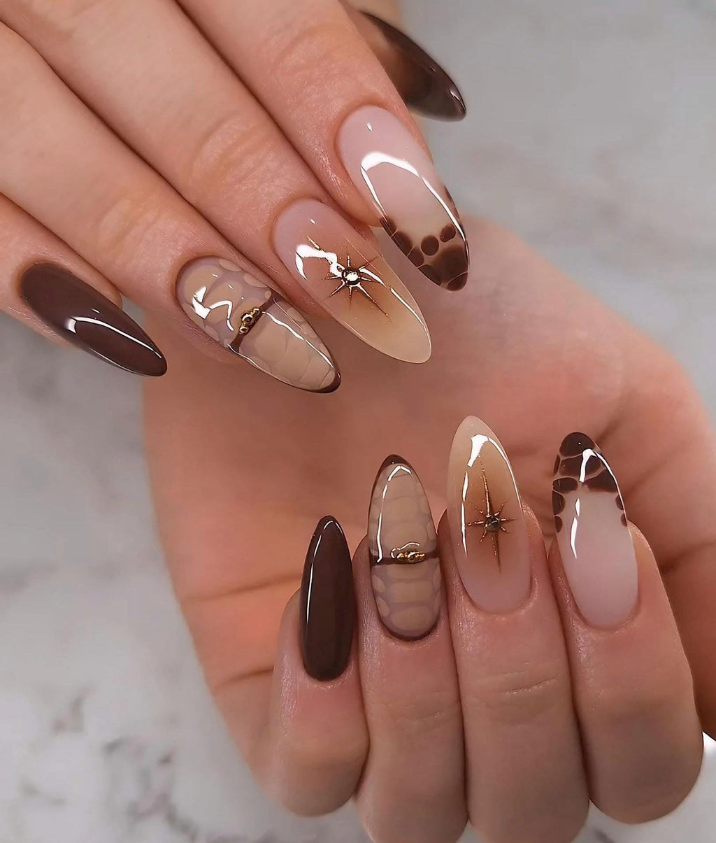 Brown Marble French Press On Nails: Chrome Detail, Medium Almond Shape