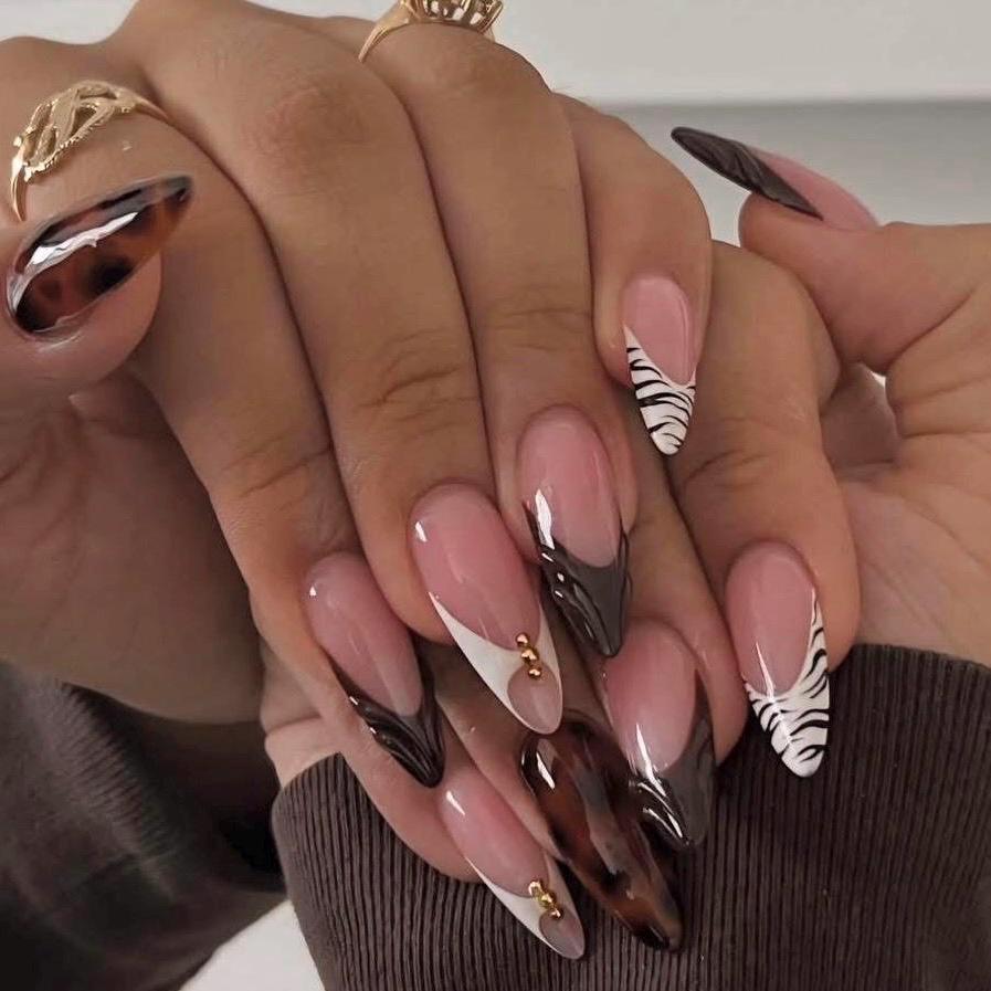 Almond Tortoise Shell Press On Nails | Brown & Nude French Tips with Zebra Accent | Gold Detail Elegant Nail Set | Handmade Luxury Nails