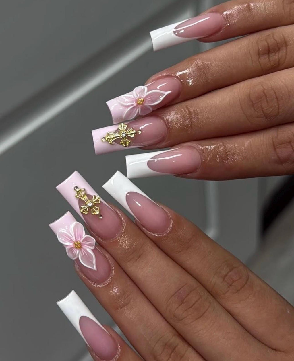 3D Floral Press On Nails: White French Tips, Cross Charm Design Nails, Long Square Nails, Handmade Nail Set