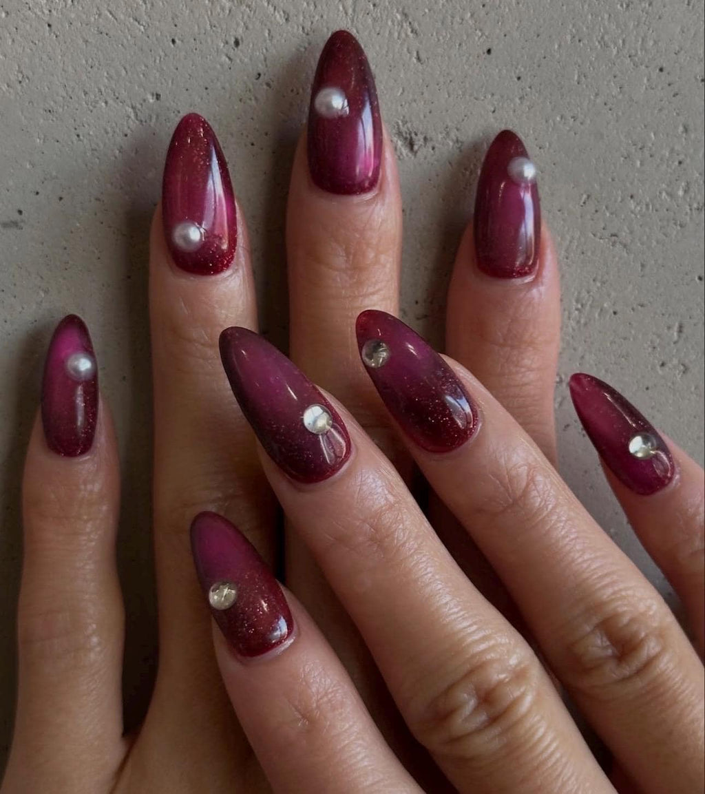 Burgundy Pearl Press On Nails | Luxury Wine Red Almond Nails | Elegant Minimal Pearl Nails | Handmade Reusable Gel Set