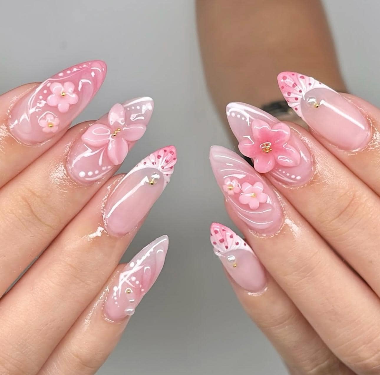 3D Floral Press On Nails: Soft Pink French Tip Almond - Handmade