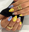 3D Lemon Press On Nails: Blue Ethnic Almond Fake Nails