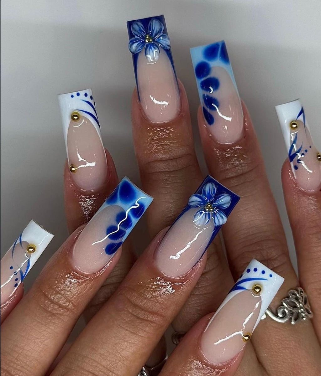 3D Flower Press On Nails: Long Square Blue French Tip Nail Art