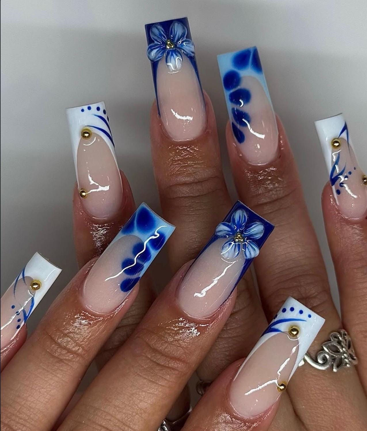 3D Flower Press On Nails: Long Square Blue French Tip Nail Art