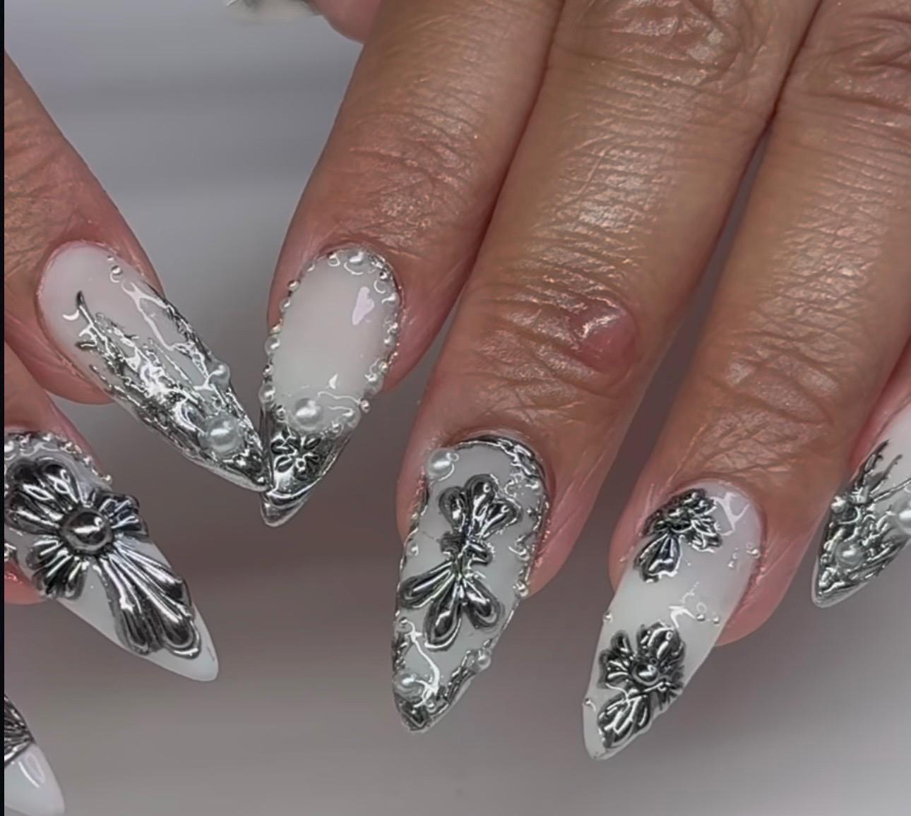 White Press On Nails: Silver Chrome Cross, 3D Gothic Almond Nail Art