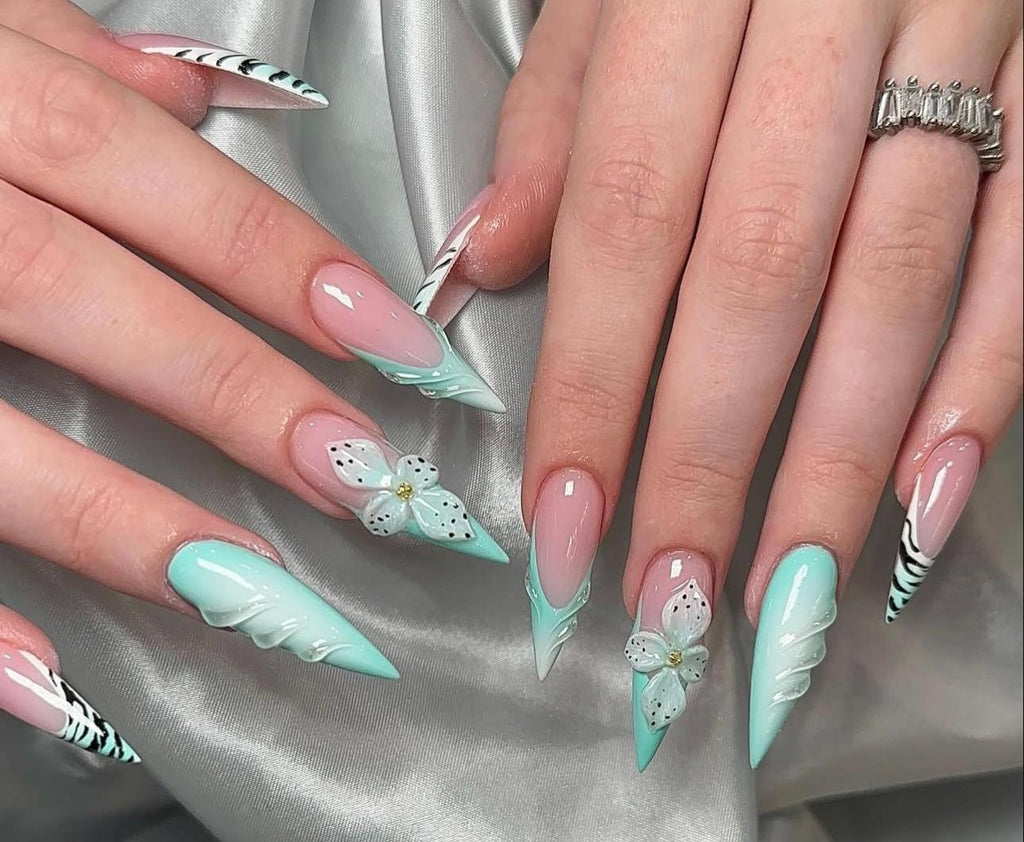 3D Flower Press On Nails: Turquoise Pink Leopard Stiletto - Summer Vacation