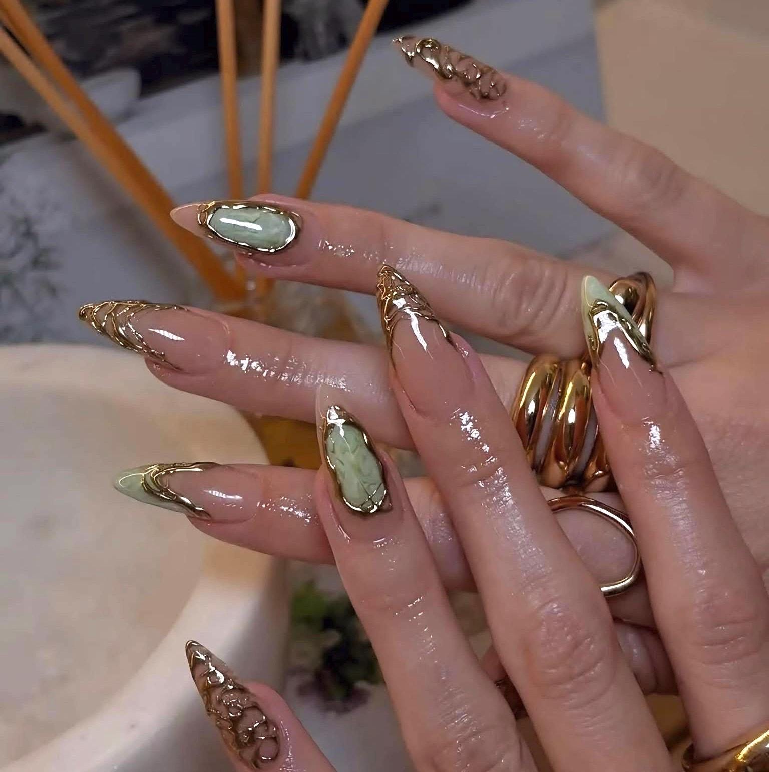 Gold Chrome Marble Press On Nails: Olive Green Stone Effect, Long Stiletto