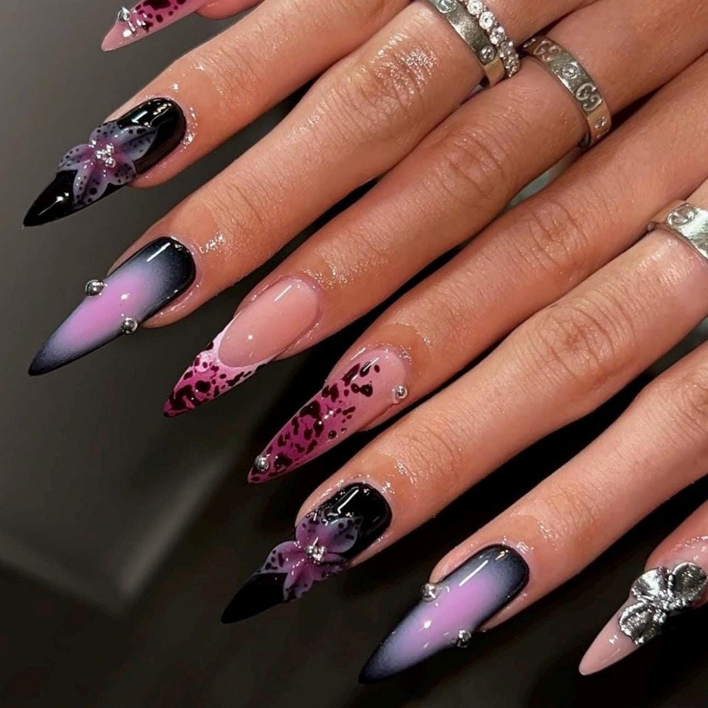 Black Halloween Nails with Purple Ombre & 3D Silver Flowers | Long Almond Fall Nails | Gothic Spooky Nail Art for Autumn