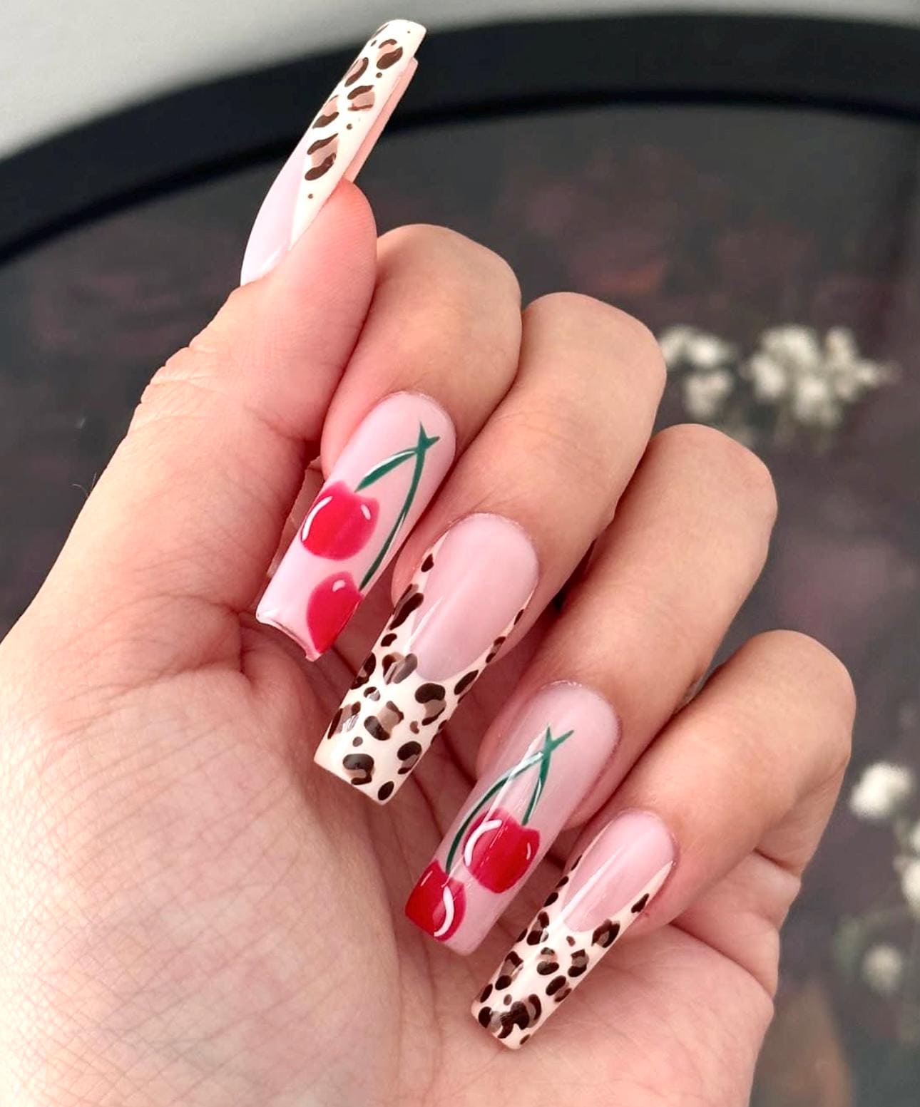 Cherry Leopard Press On Nails: Long Square Handmade Nail Art