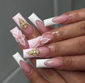 3D Floral Press On Nails: White French Tips, Cross Charm Design Nails, Long Square Nails, Handmade Nail Set