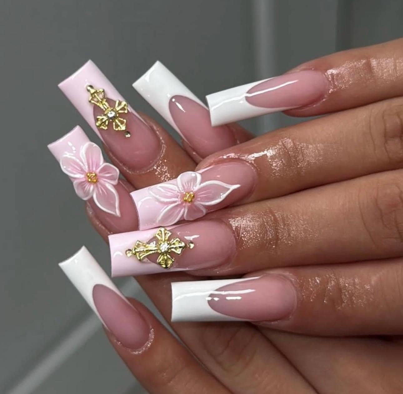 3D Floral Press On Nails: White French Tips, Cross Charm Design Nails, Long Square Nails, Handmade Nail Set