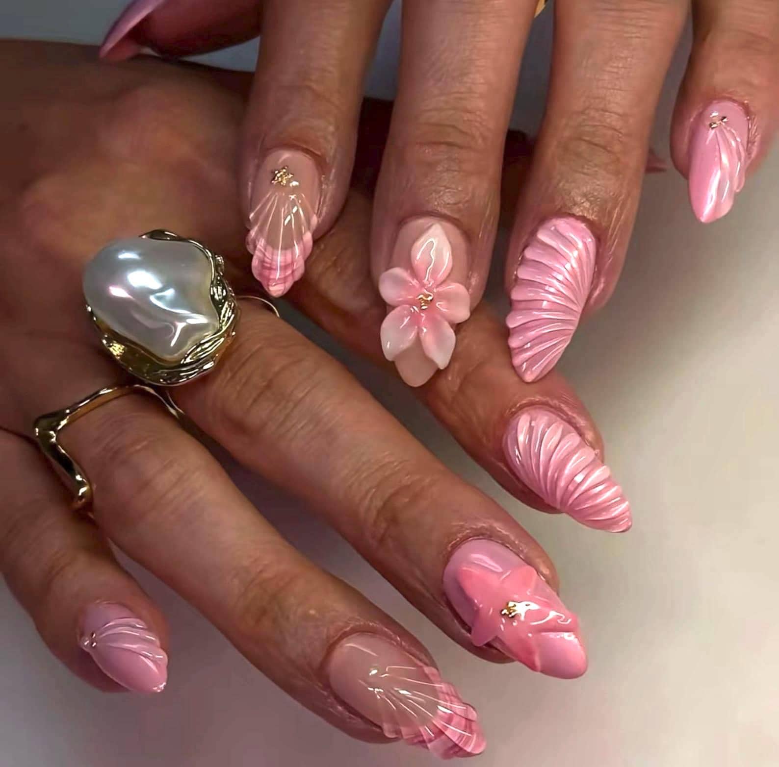 3D Floral Press On Nails: Pink Almond Sugar Tip, Handmade