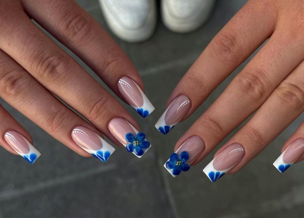 White French Square Press On Nails with Blue 3D Flower Design, Elegant Handmade Chic Nail Set, Classy Floral Nails for Everyday Style, Gift