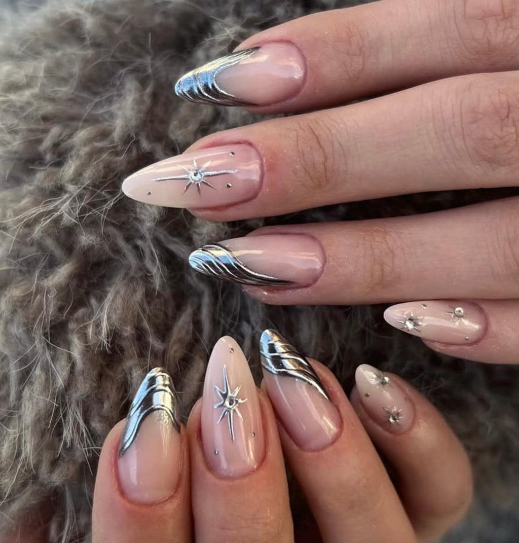 Y2K Silver Chrome Press On Nails: Almond French Tips