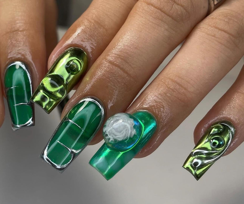 Green Chrome Square Handmade Press on Nails with Silver & 3D Flowers
