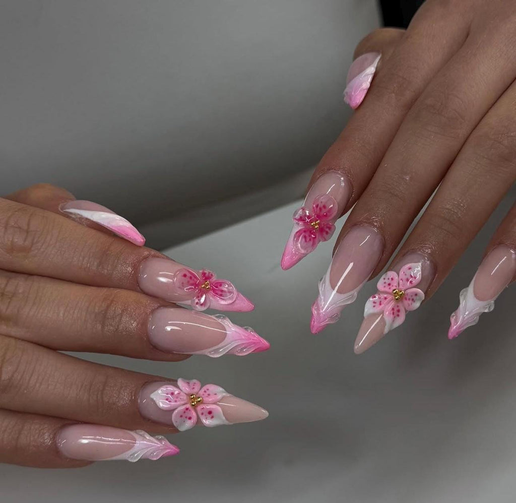 3D Flower Press On Nails: Pink Gel, White Almond Tips, Handmade
