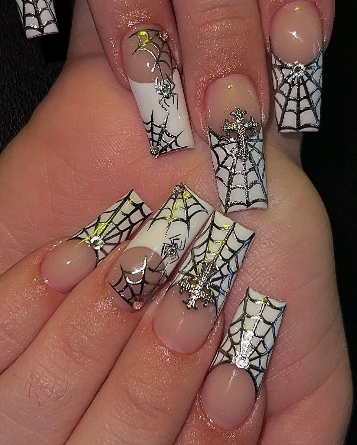 Long Square Gothic Press On Nails | Silver Chrome Spider Web & Cross Charm | White French Tips | Spooky Luxury Halloween Nail Art Set