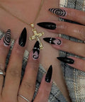 Gothic Black Cat Stiletto Press On Nails: Y2K Spiral Nail Art