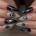 Black Silver Abstract 3D Press On Nails: Edgy Gothic Stiletto Nail Art