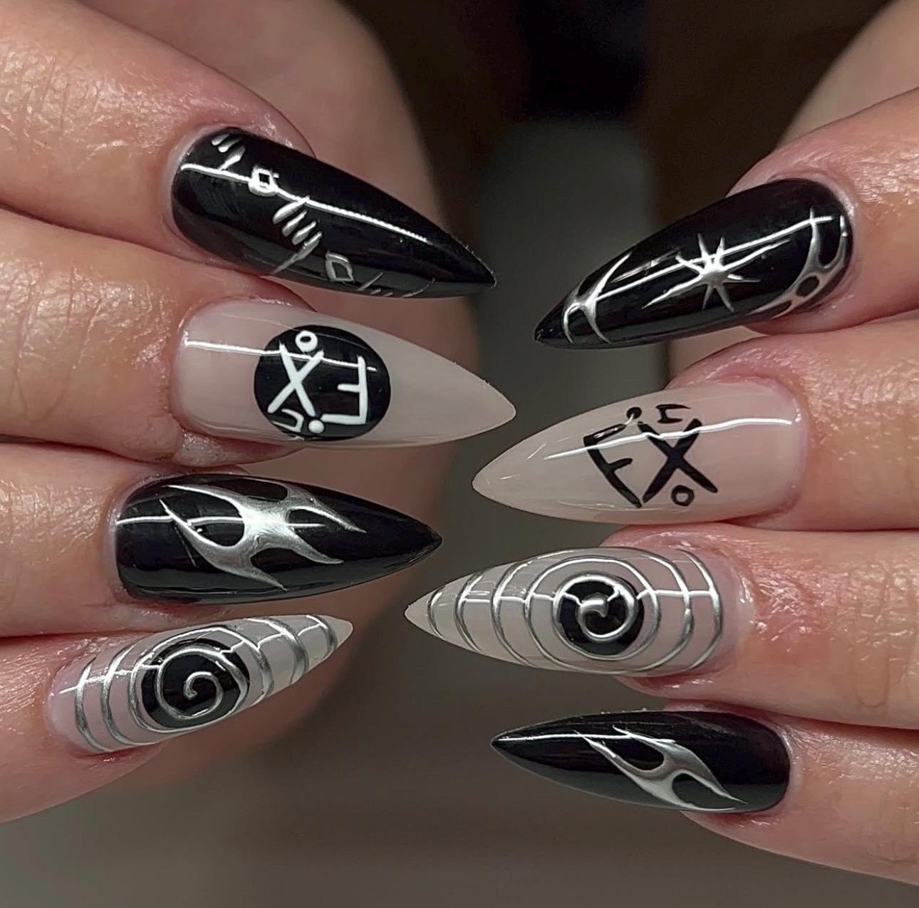Black Silver Abstract 3D Press On Nails: Edgy Gothic Stiletto Nail Art