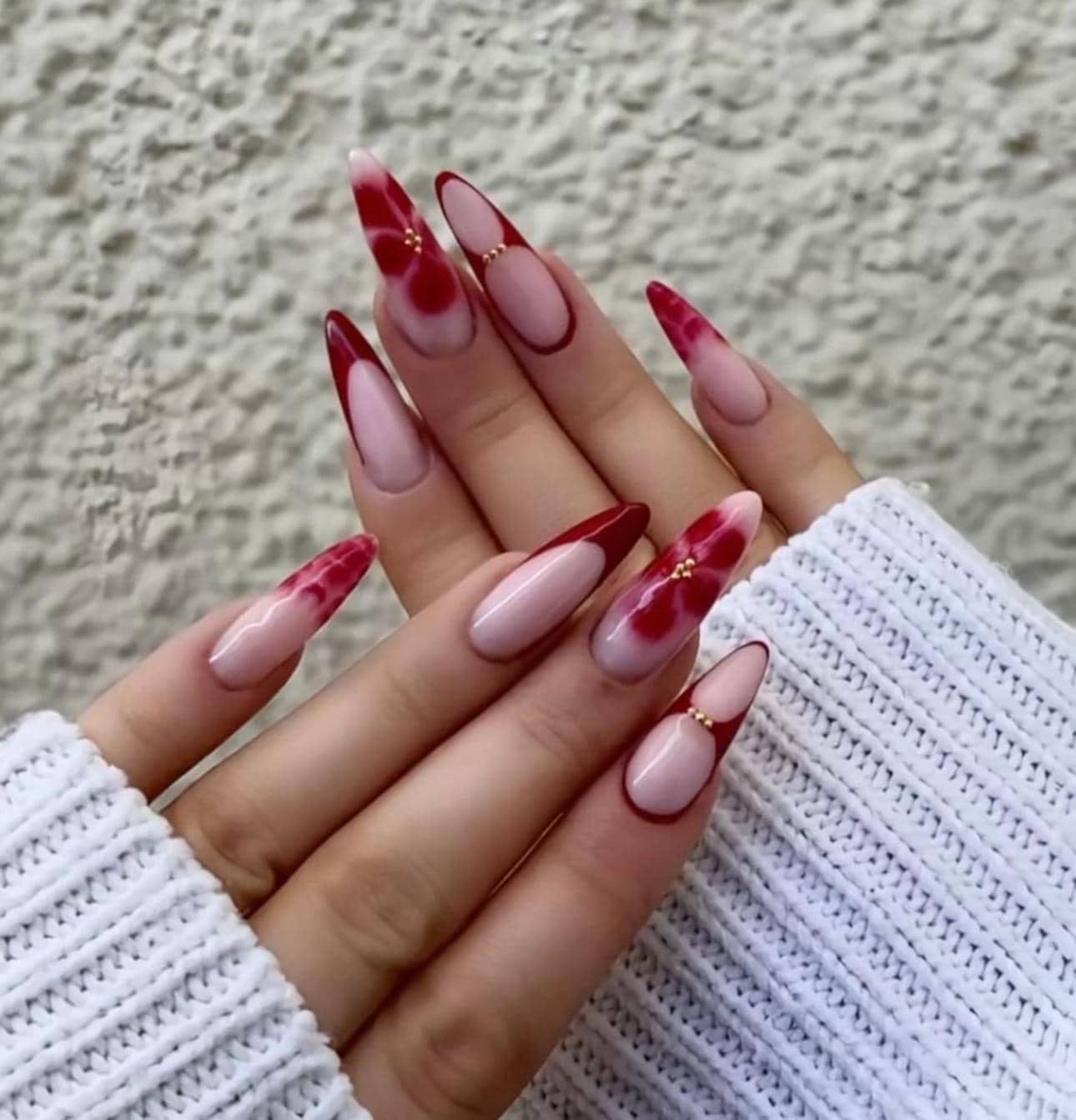 Red Floral Design Nails, French Tips,  Press On Nails: Long Almond Nail Set, Elegant / Luxury Nails