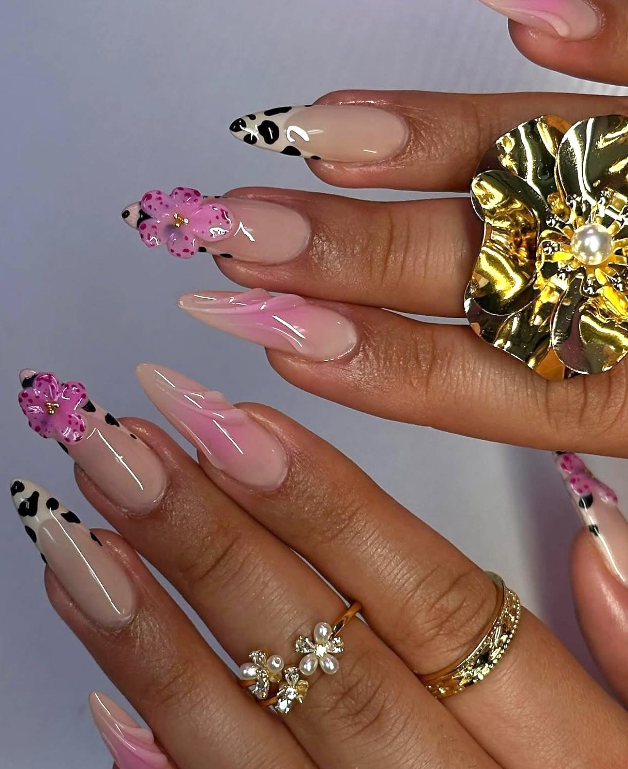 Leopard Print Press On Nails: 3D Floral Gel Art, Long Almond Purple Nails