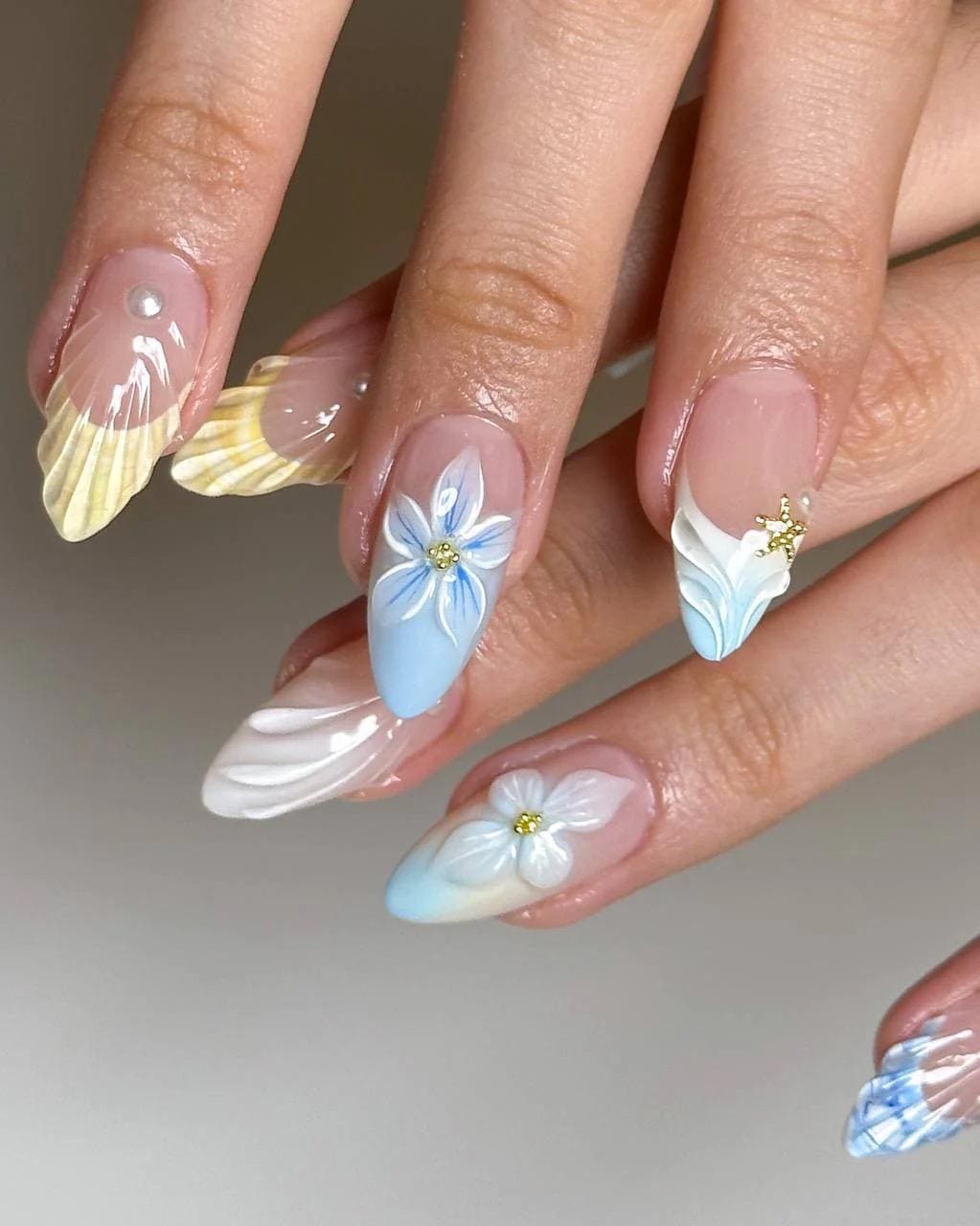 Almond Press On Nails: 3D Floral, Butter Yellow, Mermaid Beach Nail