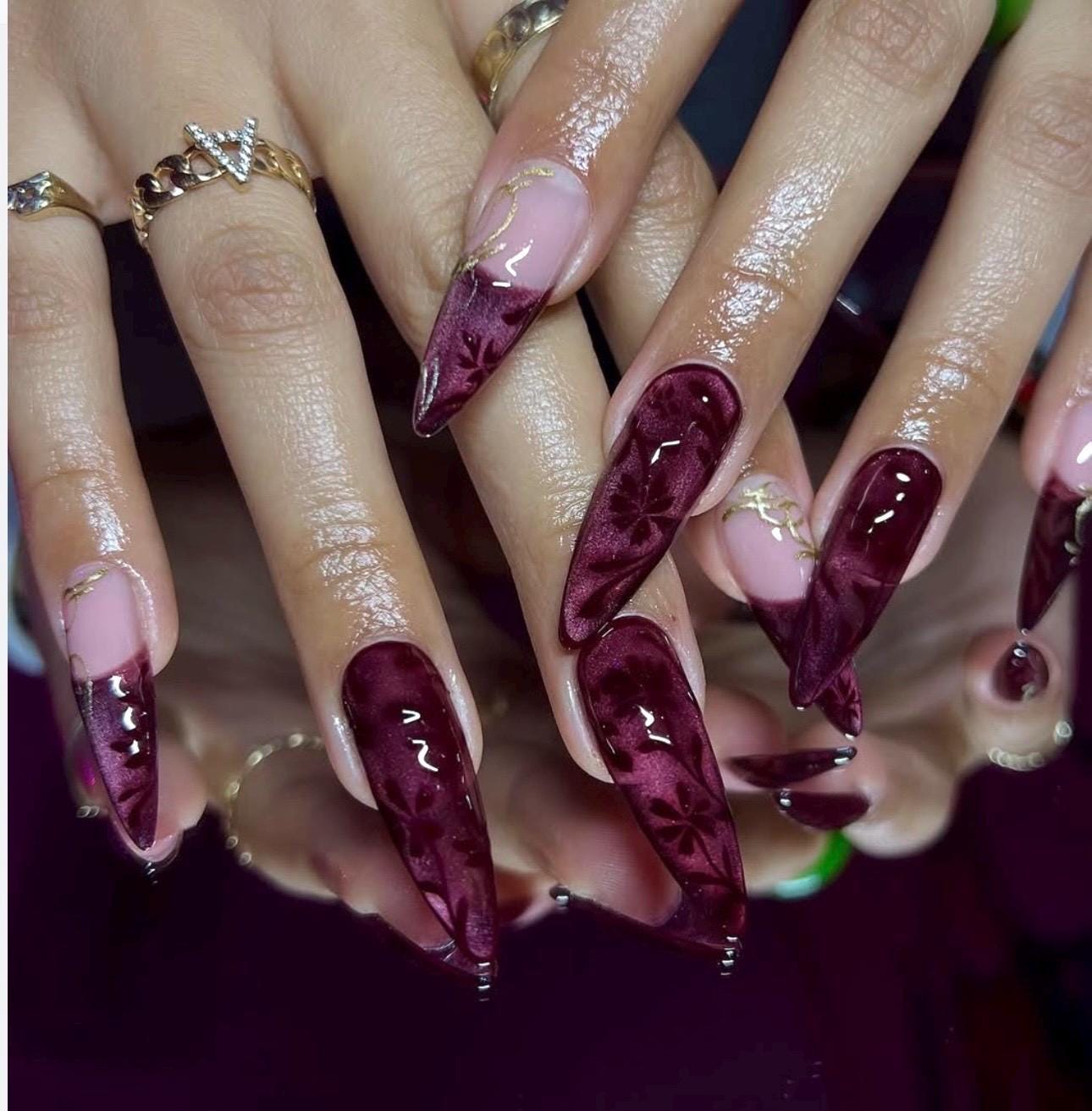 Burgundy Velvet Press On Nails | Luxury Stiletto Nails with Gold Details, Dark Red Valentine Nails, Handmade Glossy Press Ons