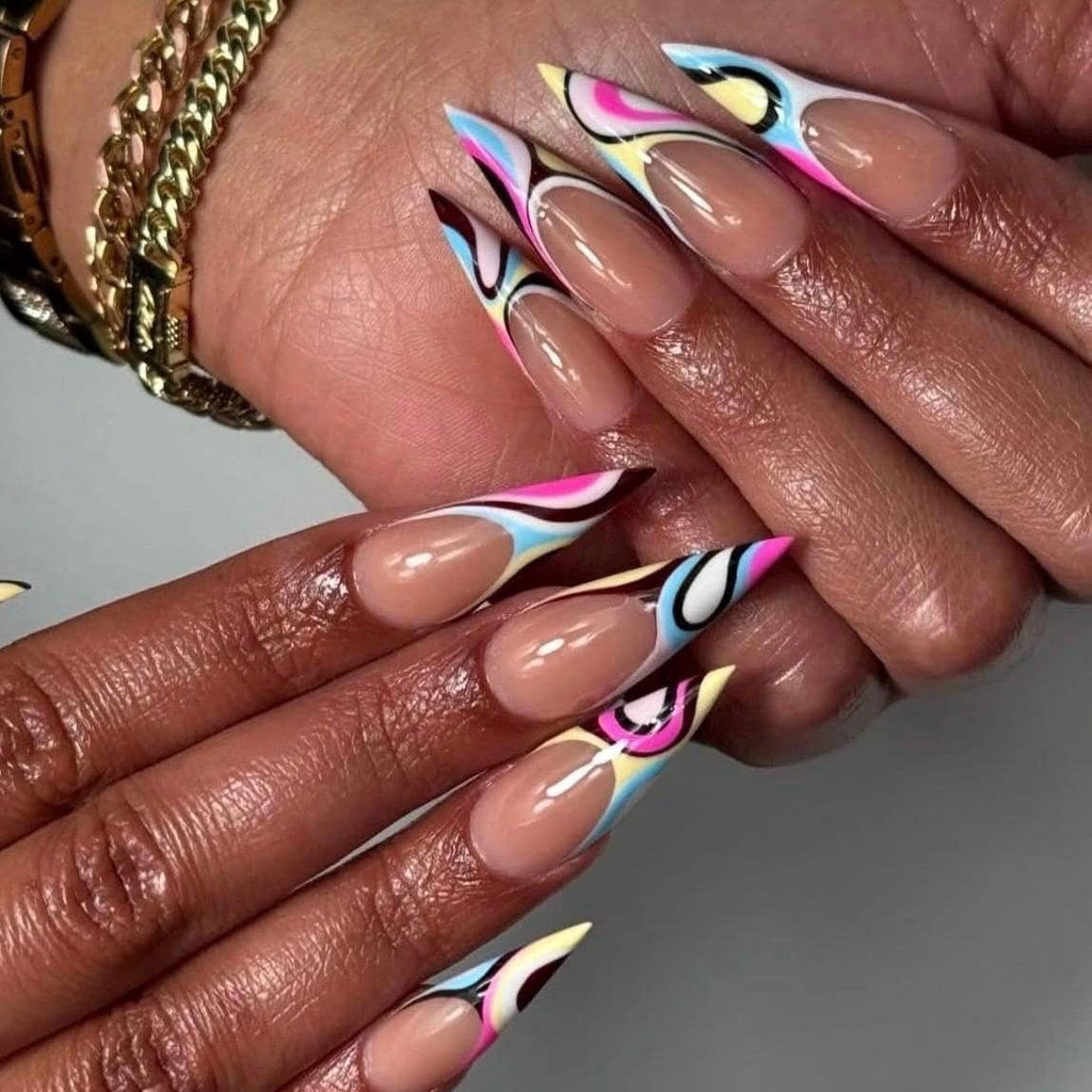 Abstract Retro Swirl Press On Nails | Y2K Pastel French Tip Stiletto | Luxury Hand-painted Psychedelic Nail Art