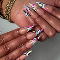 Abstract Retro Swirl Press On Nails | Y2K Pastel French Tip Stiletto | Luxury Hand-painted Psychedelic Nail Art