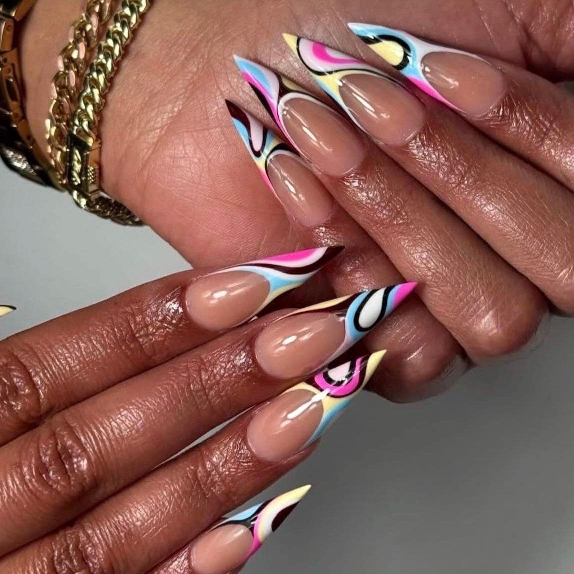Abstract Retro Swirl Press On Nails | Y2K Pastel French Tip Stiletto | Luxury Hand-painted Psychedelic Nail Art