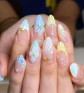 Almond Press On Nails: 3D Floral, Butter Yellow, Mermaid Beach Nail