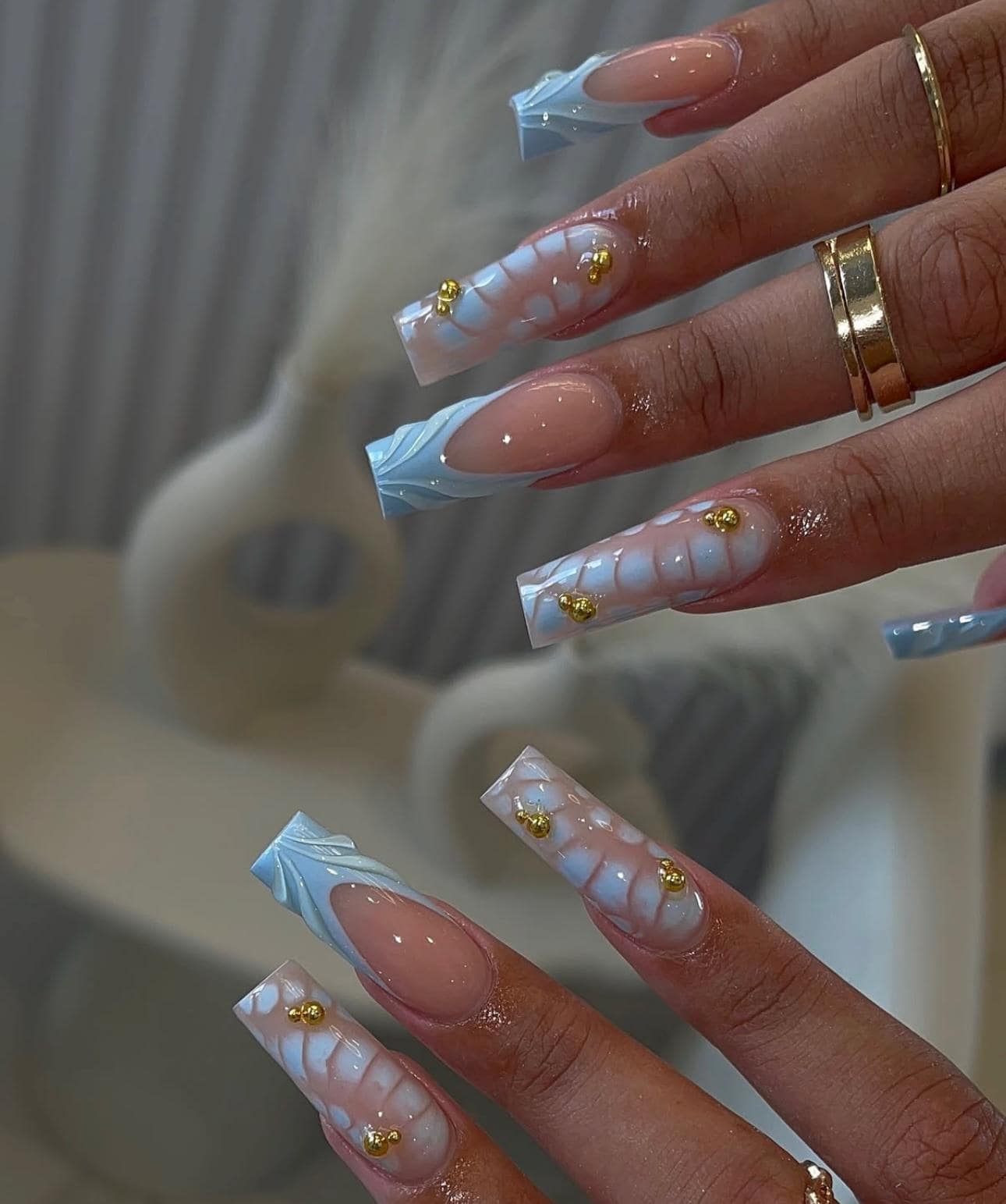 Baby Blue Blooming Press On Nails: 3D Gel Nail Art, Gold Beads, Handmade Blue French Nails, Long Square Nails