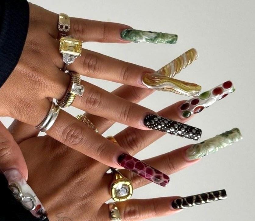 Artistic Mixed Design Press On Set, 3D Sculpted Details with Gold Accents, Luxury Editorial Y2K Style | Handmade Custom Art, Square Nail Set