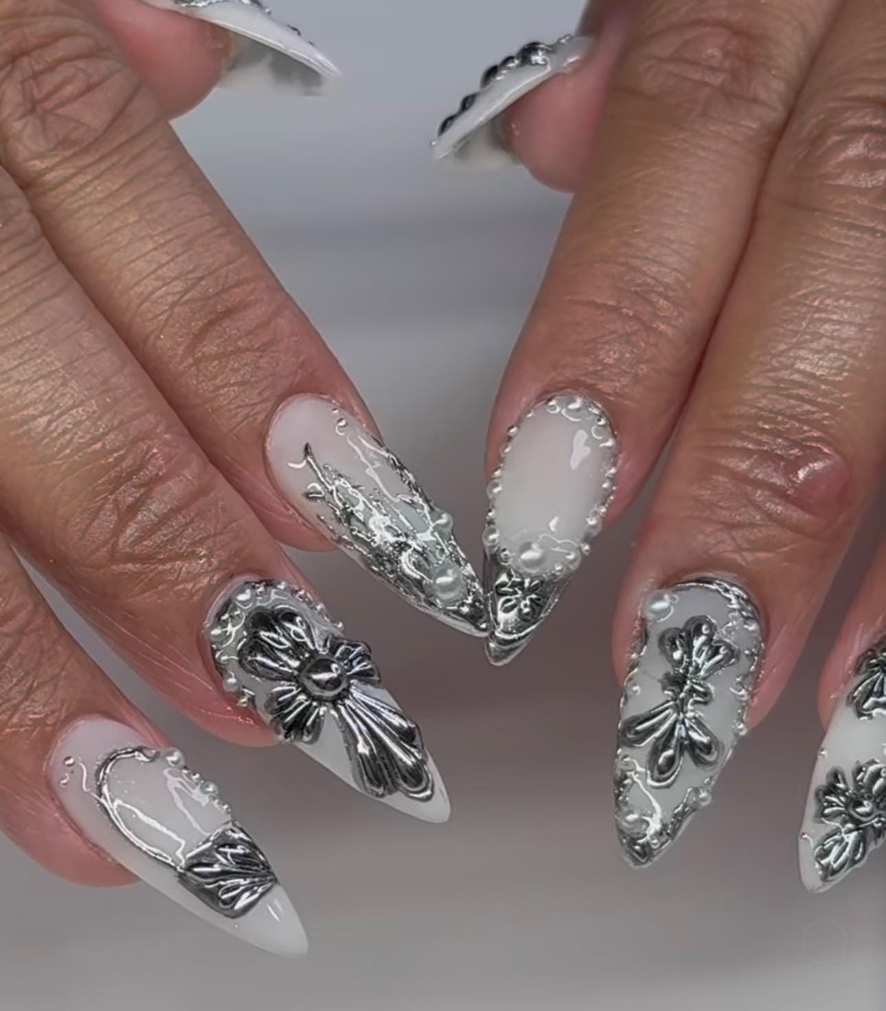 White Press On Nails: Silver Chrome Cross, 3D Gothic Almond Nail Art