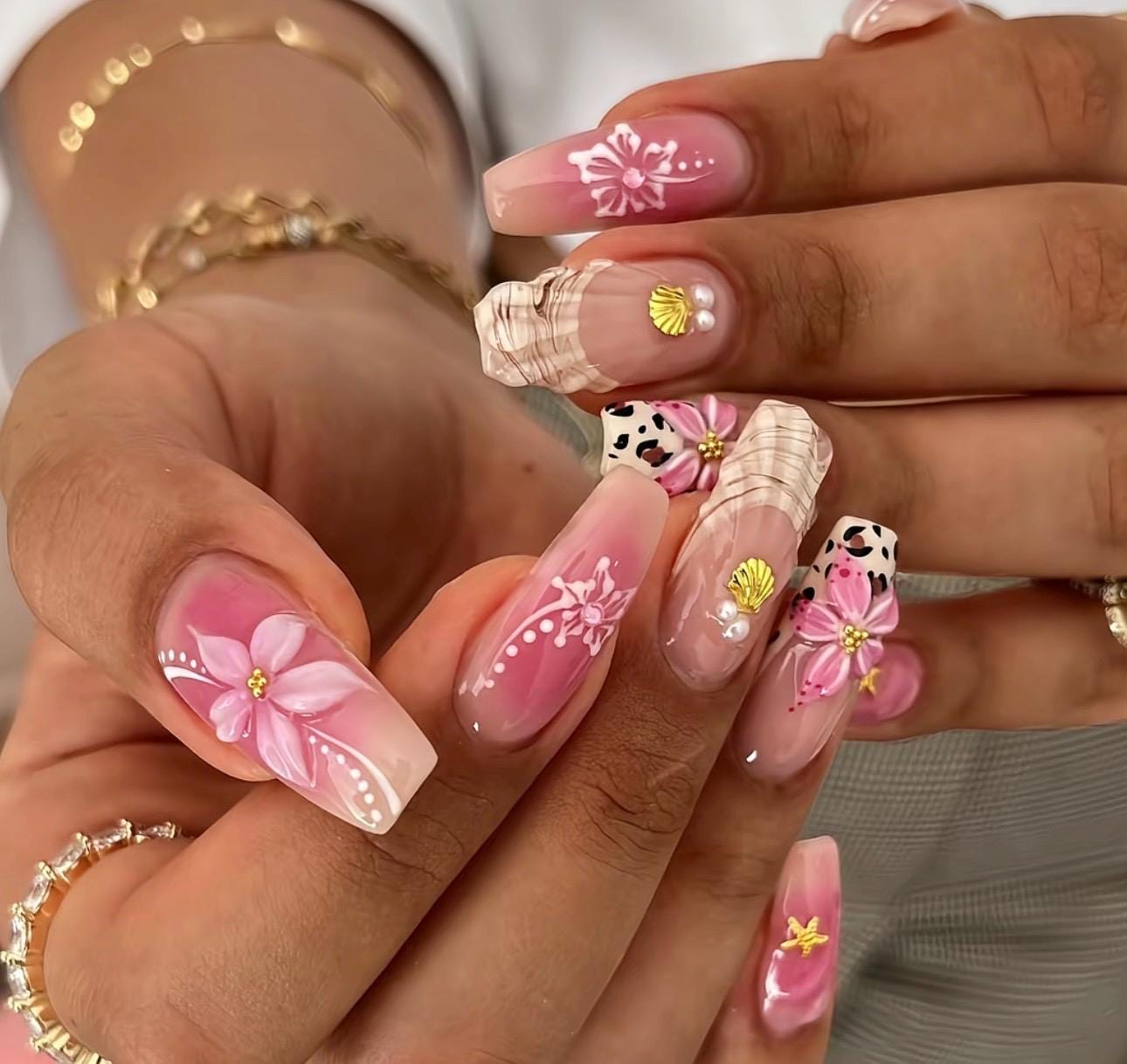 Pink Tropical 3D Flower Press On Nails: Leopard, Gold Shell, Medium Coffin Shape Nails, Handmade Fake False Nails