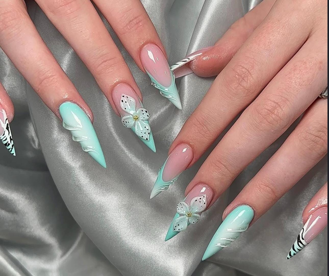 3D Flower Press On Nails: Turquoise Pink Leopard Stiletto - Summer Vacation