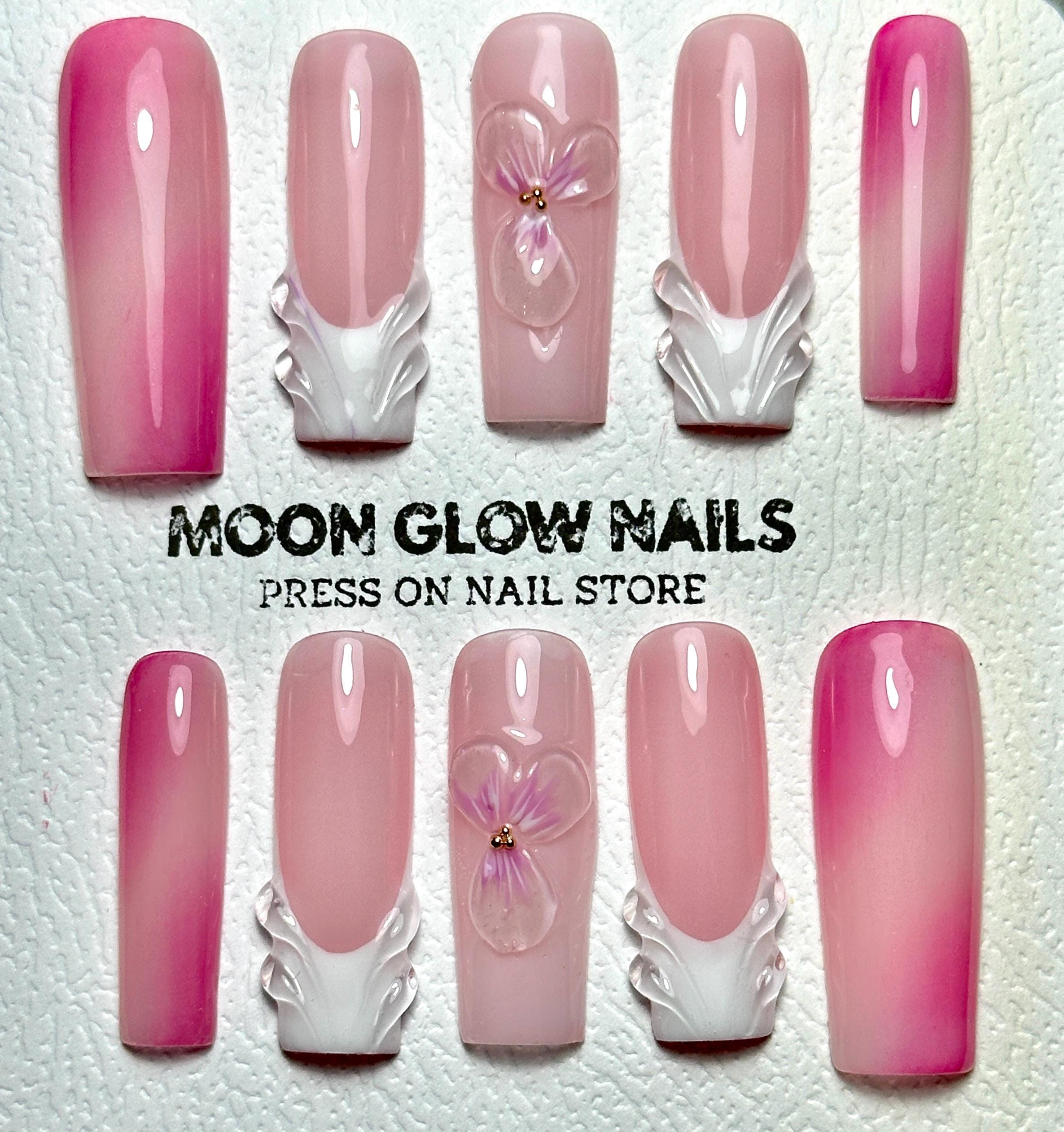 3D Flower Press On Nails: Square French Tip, Luxury Handmade Gel