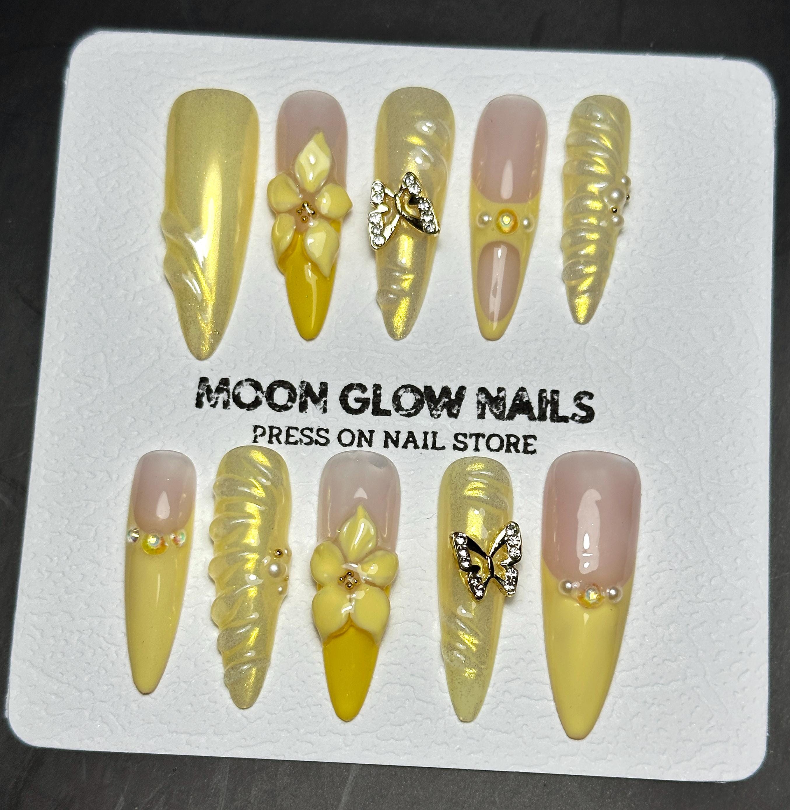 Yellow Press On Nails: 3D Floral Butterfly Almond Glam Nails