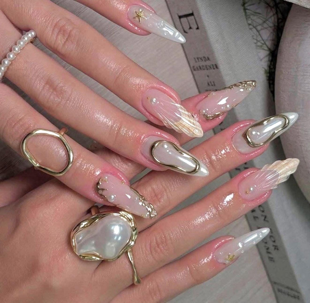 3D Mermaid Pearl Press On Nails: Luxury Gold Shell Stiletto - Bridal Ocean Design