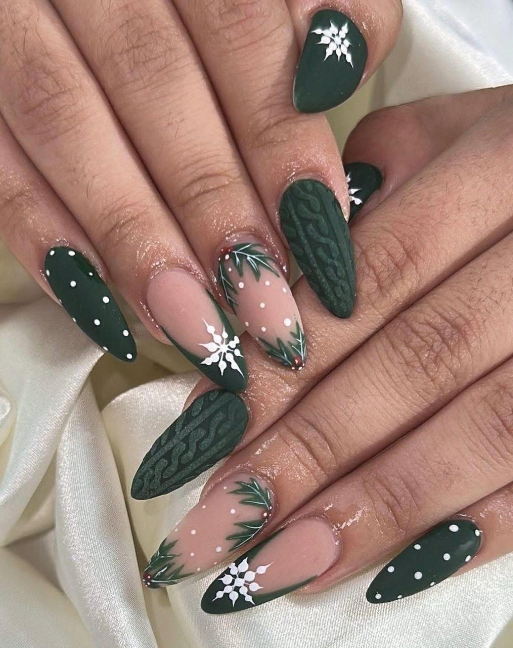 Dark Green Christmas Nails – Sweater Knit Texture, Snowflake Almond Press On Nails, Winter Holiday Cozy Nail Set, Handmade Gift Nails
